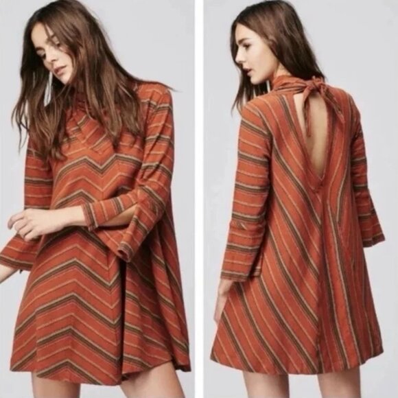 NEW Free People Romantics Adobe Chevron Rust Tie Back Swing Dress Size XS - Picture 1 of 8
